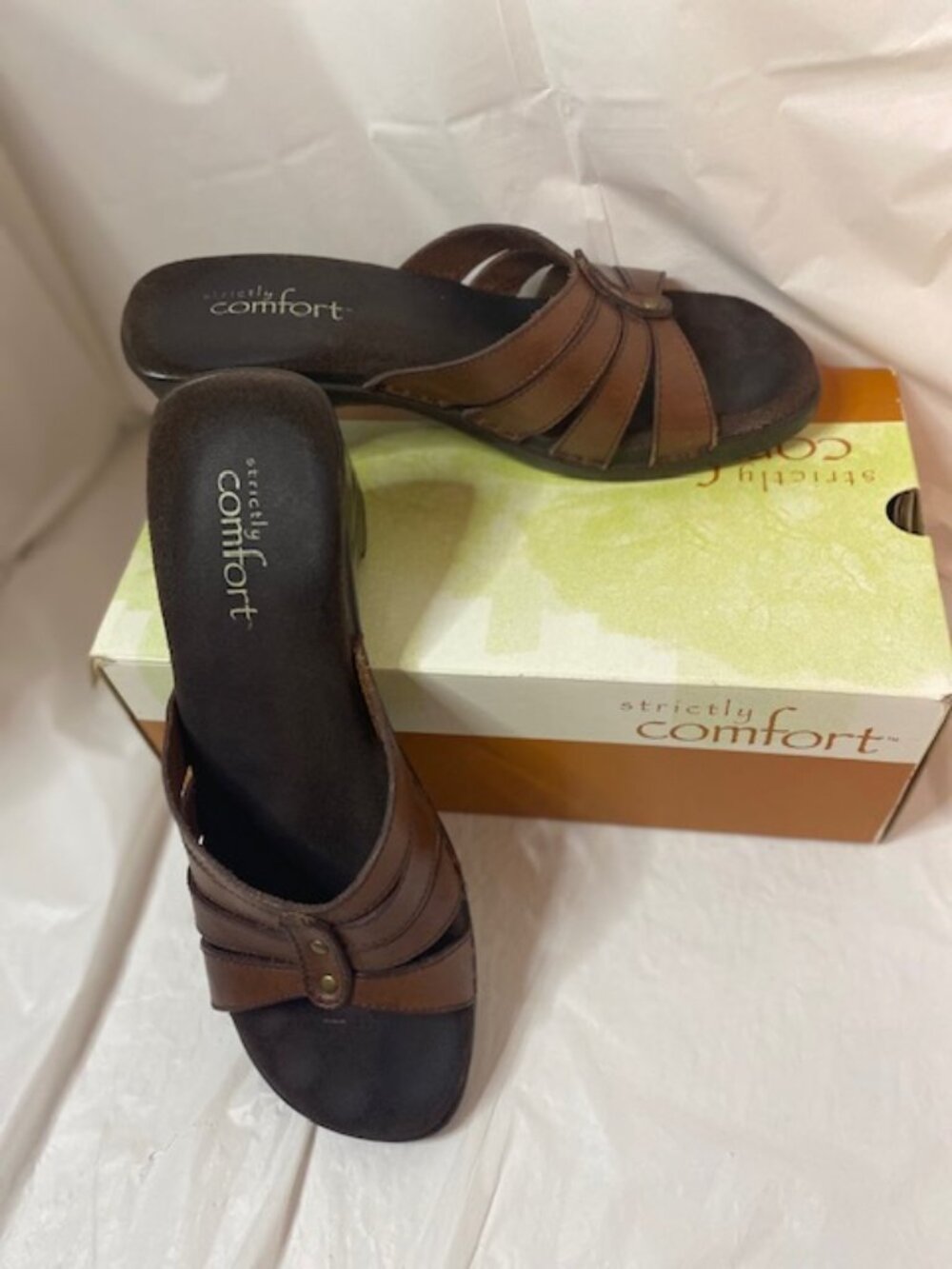 Strictly Comfort Brown Leather Multi-Strap Slide Sandals, Women's size 8M